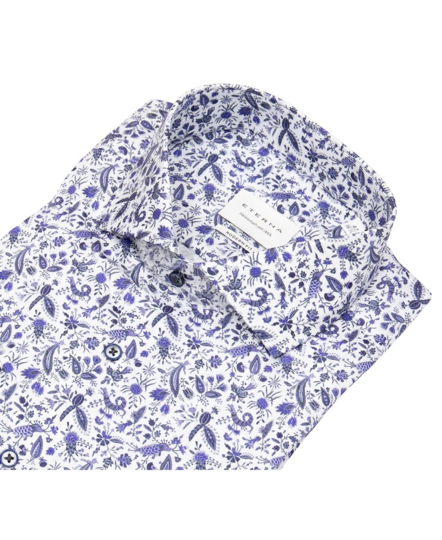 Hemden Eterna | Eterna Hemd - Modern Fit - Kentkragen - Print - Blau / Weis