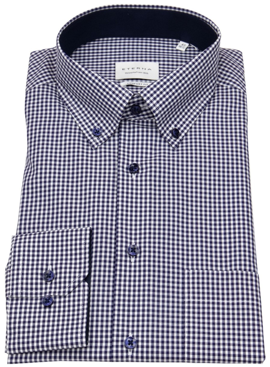 Hemden Eterna | Eterna Hemd - Comfort Fit - Button Down - Dunkelblau / Weis