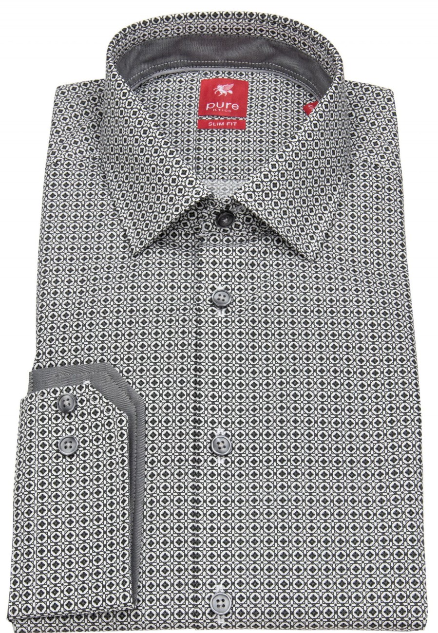 Hemden Pure | Pure Hemd - Slim Fit - Print - Grau / Weis - Ohne Ovp