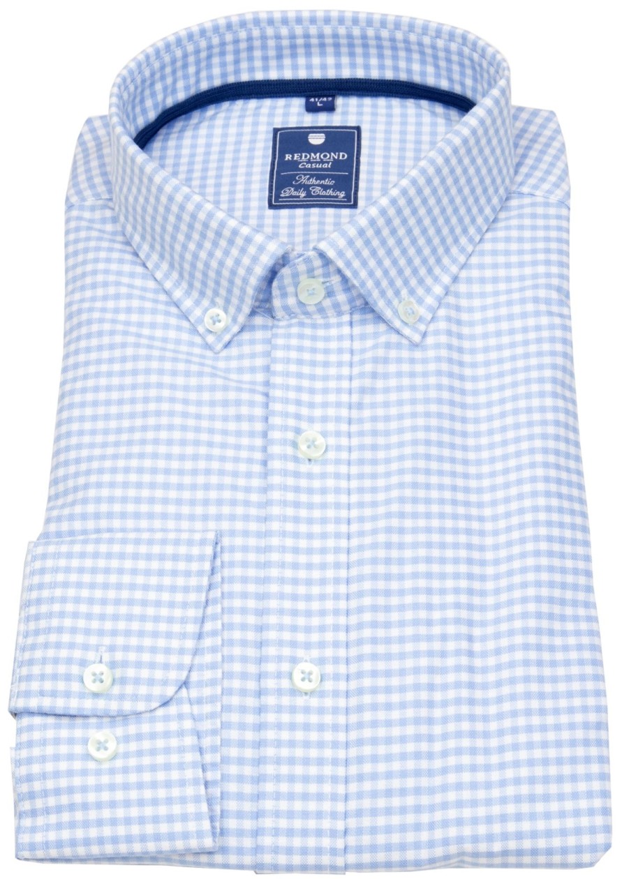 Hemden Redmond | Redmond Hemd - Comfort Fit - Button Down Kragen - Kariert - Hellblau / Weis