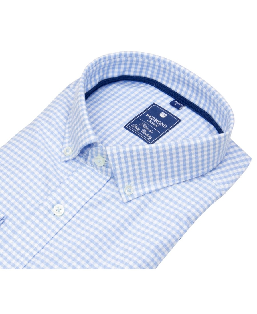 Hemden Redmond | Redmond Hemd - Comfort Fit - Button Down Kragen - Kariert - Hellblau / Weis