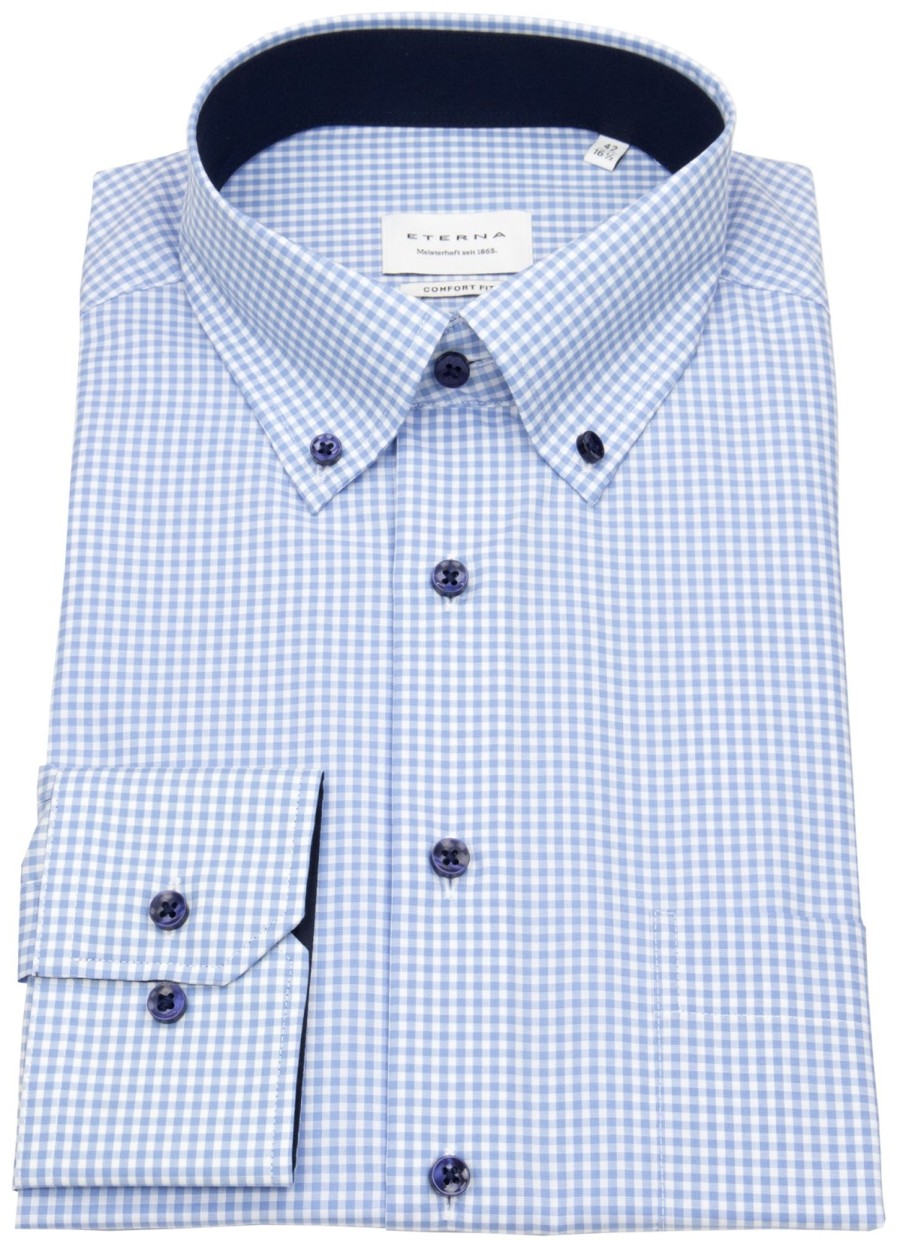 Hemden Eterna | Eterna Hemd - Comfort Fit - Button Down - Hellblau / Weis