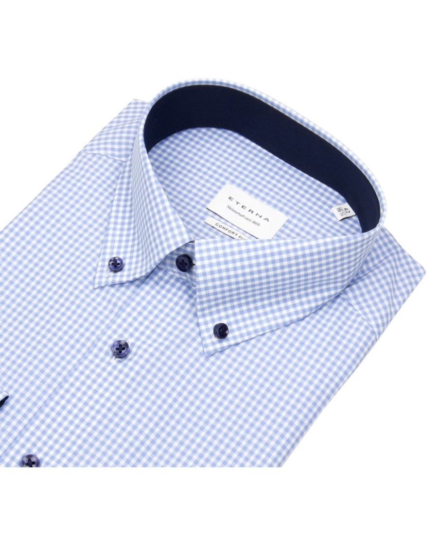 Hemden Eterna | Eterna Hemd - Comfort Fit - Button Down - Hellblau / Weis