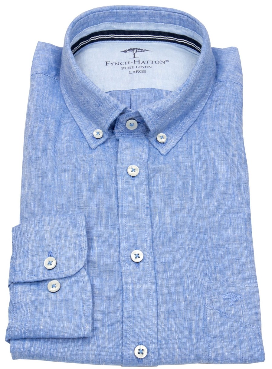 Hemden Fynch-Hatton | Fynch-Hatton Leinenhemd - Casual Fit - Button Down - Blau - Ohne Ovp