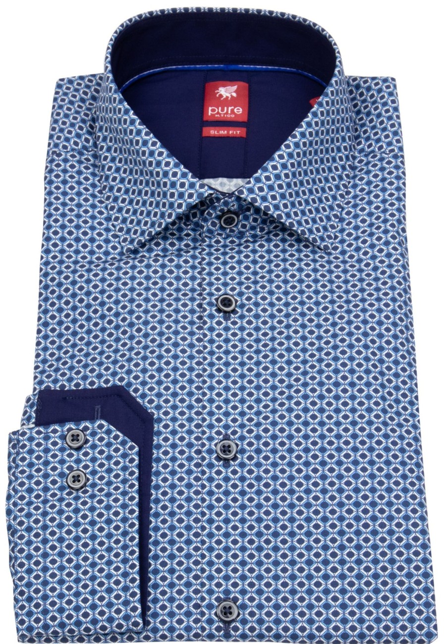 Hemden Pure | Pure Hemd - Slim Fit - Kentkragen- Print - Blau