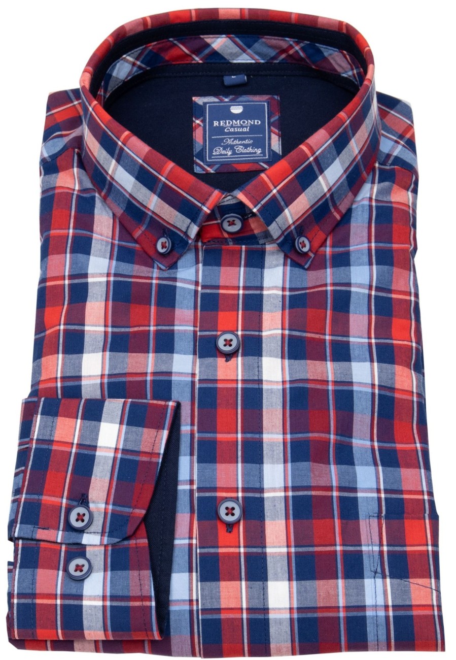 Hemden Redmond | Redmond Hemd - Comfort Fit - Button Down Kragen - Kariert - Rot - Ohne Ovp