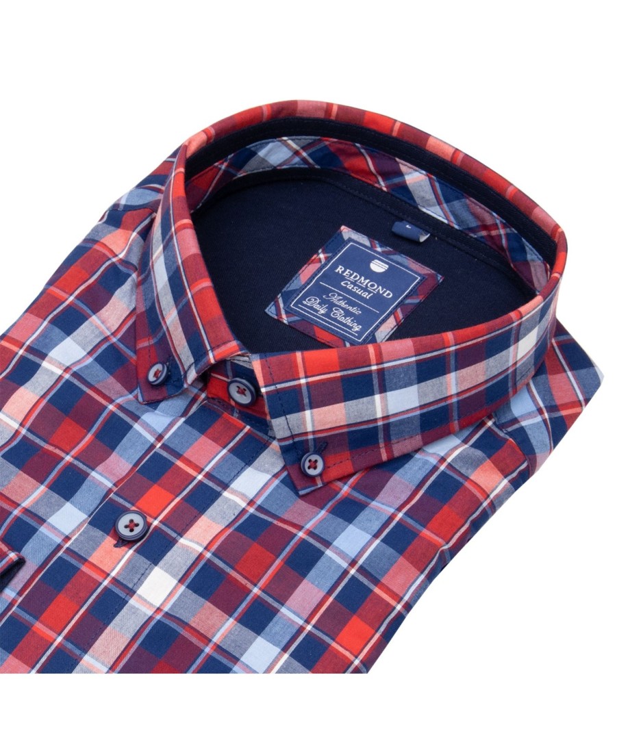 Hemden Redmond | Redmond Hemd - Comfort Fit - Button Down Kragen - Kariert - Rot - Ohne Ovp