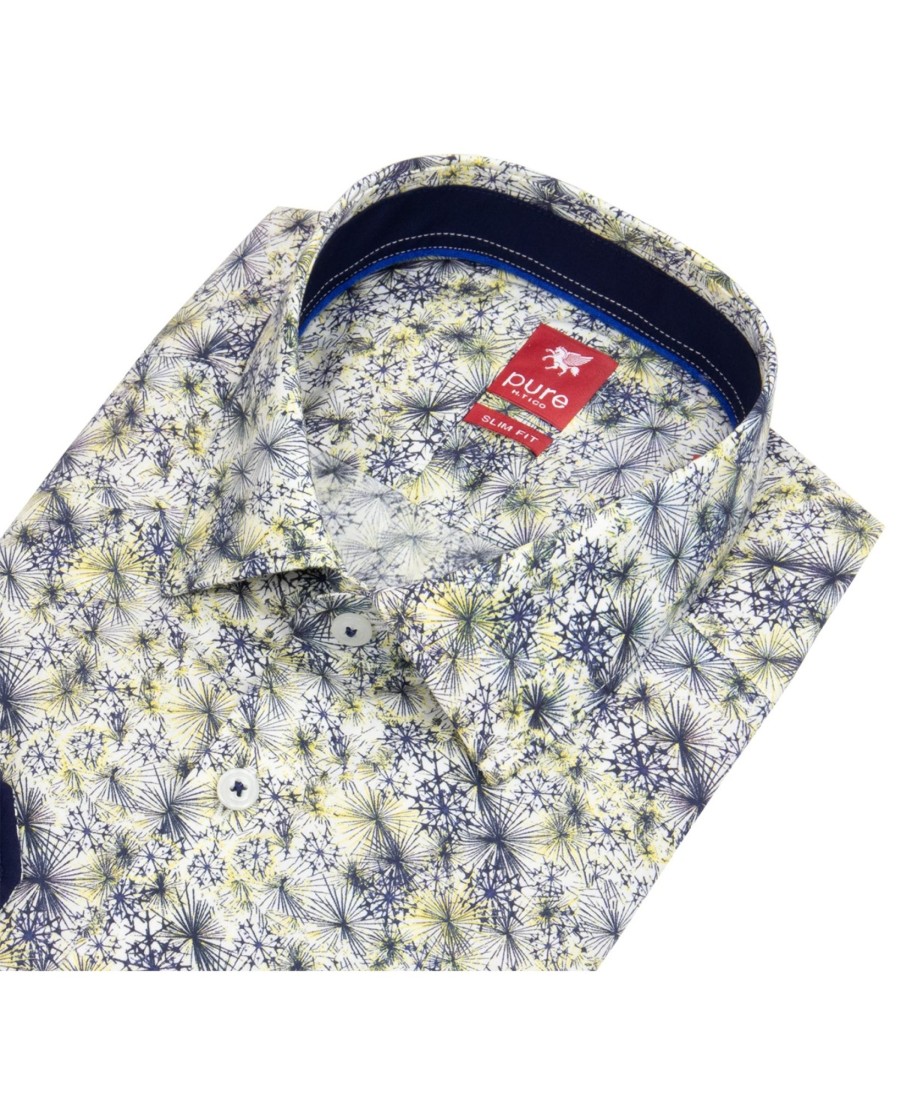 Hemden Pure | Pure Hemd - Slim Fit - Kentkragen- Print - Blau / Gelb - Ohne Ovp