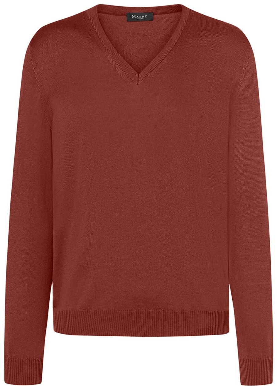 Pullover & Strick MAERZ Muenchen | Maerz Muenchen Pullover - Comfort Fit - V-Ausschnitt - Merinowolle - Rotbraun