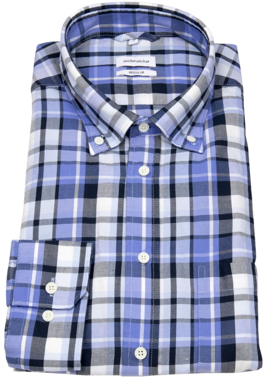 Hemden Seidensticker | Seidensticker Hemd - Regular Fit - Button Down - Kariert - Blau - Ohne Ovp