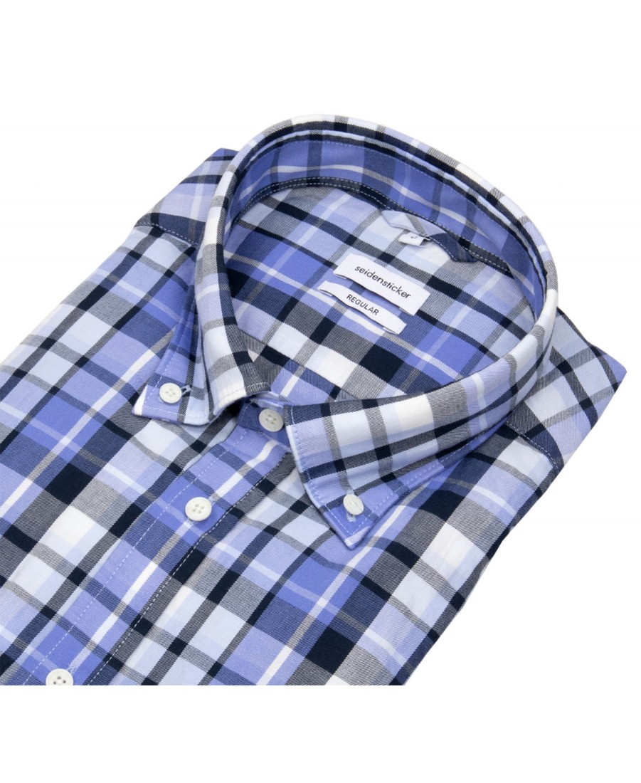 Hemden Seidensticker | Seidensticker Hemd - Regular Fit - Button Down - Kariert - Blau - Ohne Ovp