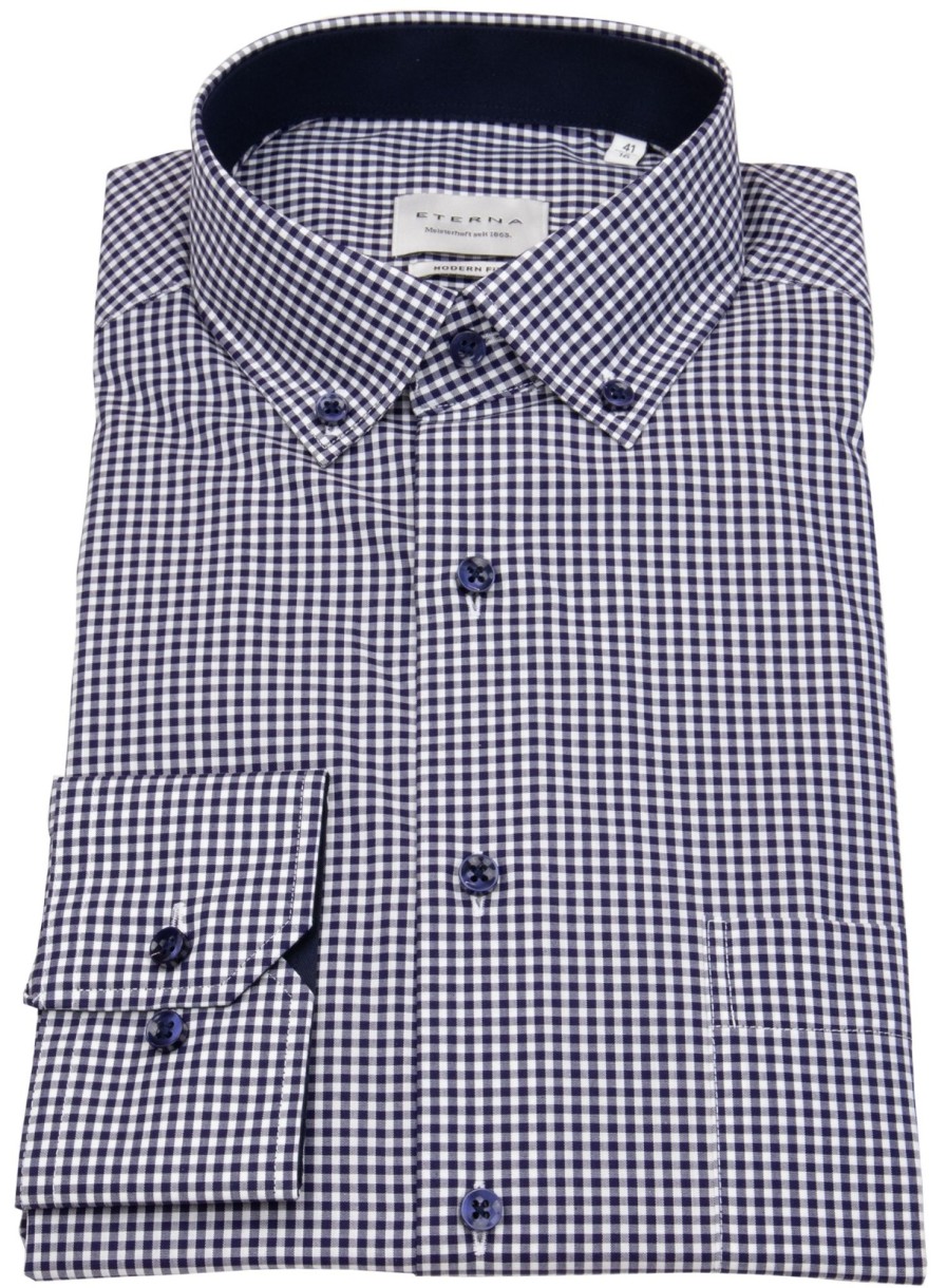 Hemden Eterna | Eterna Hemd - Modern Fit - Button Down - Dunkelblau / Weis - Extra Langer 68Cm Arm