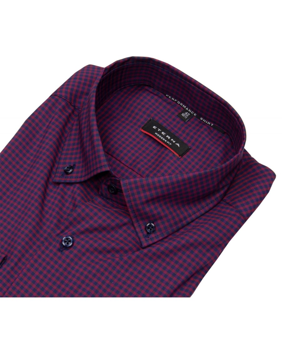 Hemden Eterna | Eterna Hemd - Modern Fit - Performance Shirt - Button Down - Rot / Dunkelblau - Ohne Ovp