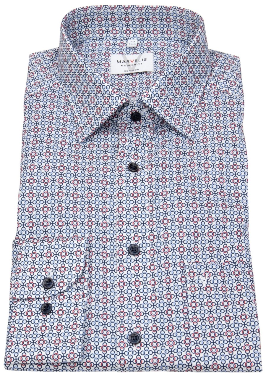 Hemden Marvelis | Marvelis Hemd - Modern Fit - Print - Kontrastknopfe - Blau / Rot / Weis