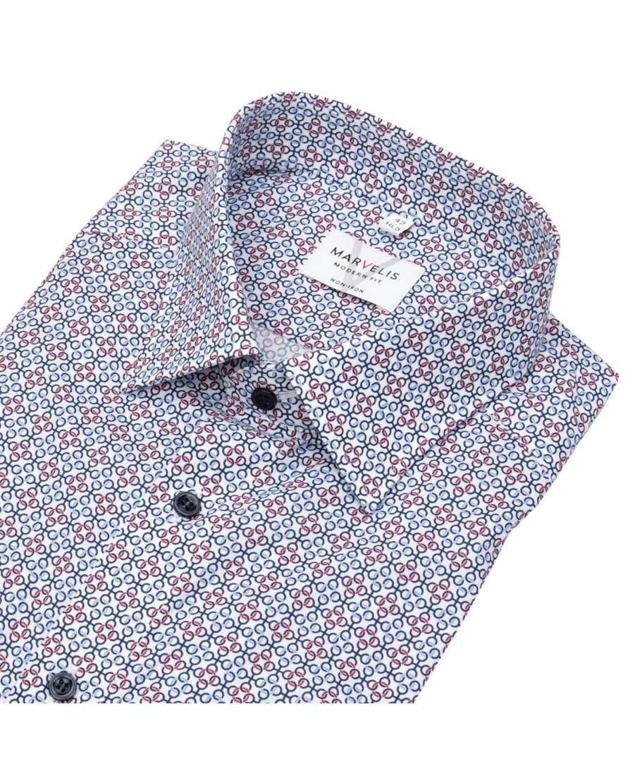 Hemden Marvelis | Marvelis Hemd - Modern Fit - Print - Kontrastknopfe - Blau / Rot / Weis