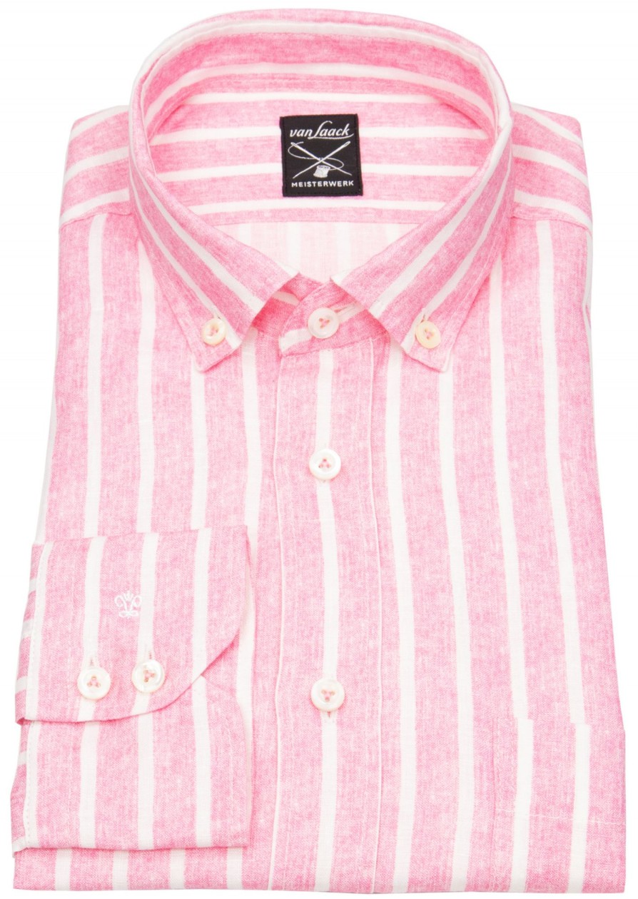 Hemden van Laack | Van Laack Leinenhemd - Tailor Fit - Button Down - Streifen - Rose / Weis