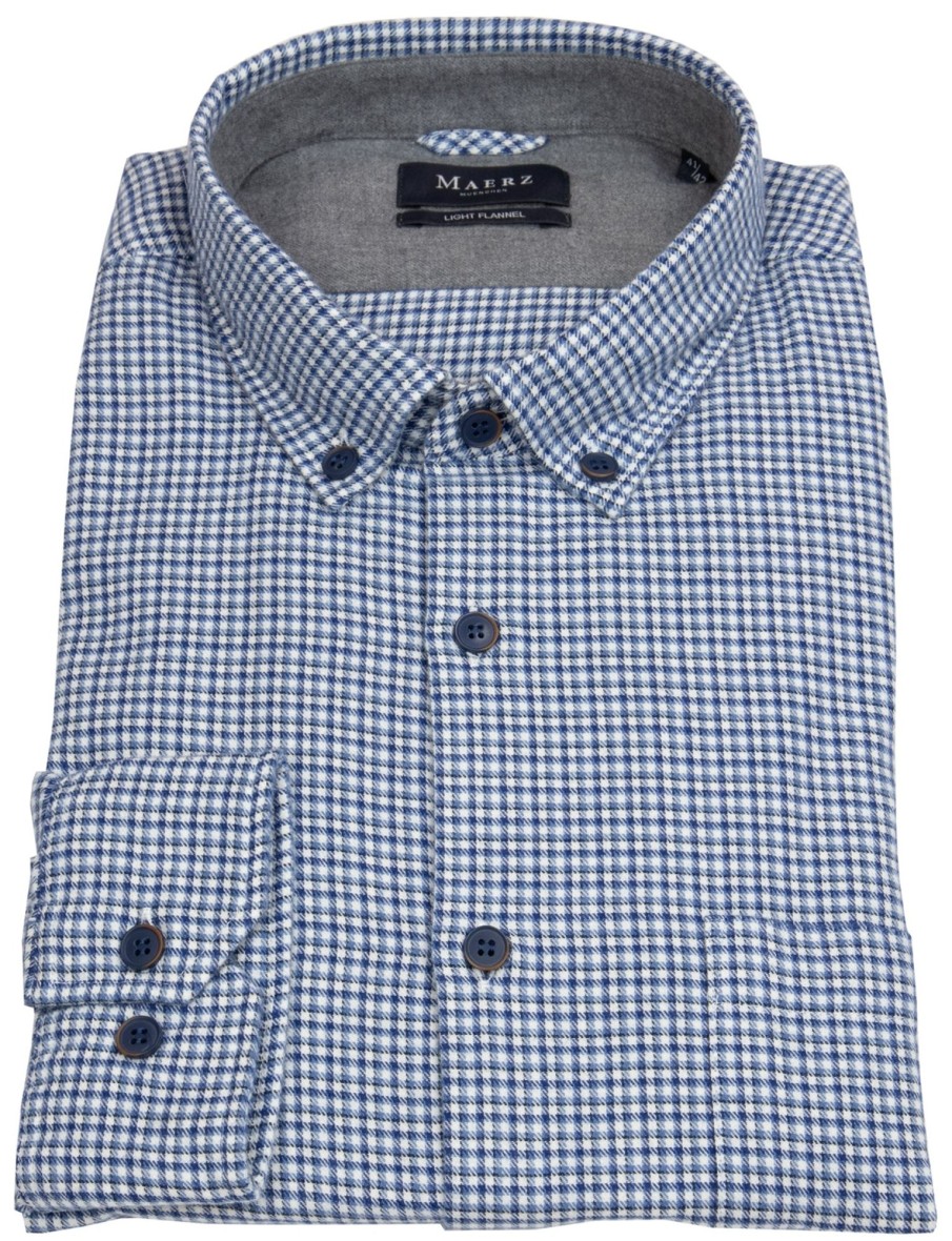 Hemden MAERZ Muenchen | Maerz Muenchen Hemd - Modern Fit - Button Down - Leichter Flanell - Kariert - Blau - Ohne Ovp