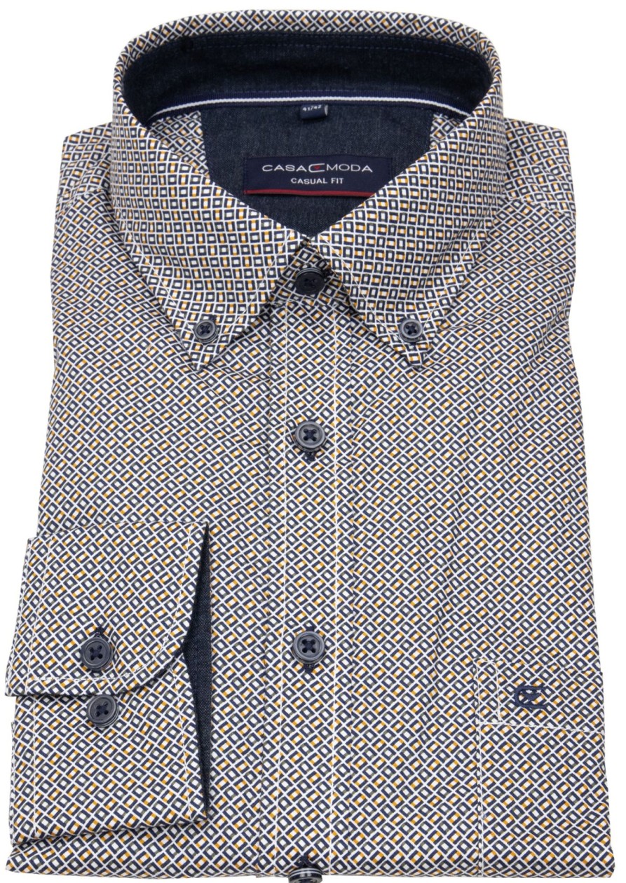 Hemden Casa Moda | Casa Moda Hemd - Casual Fit - Button Down - Print - Blau / Gelb / Weis