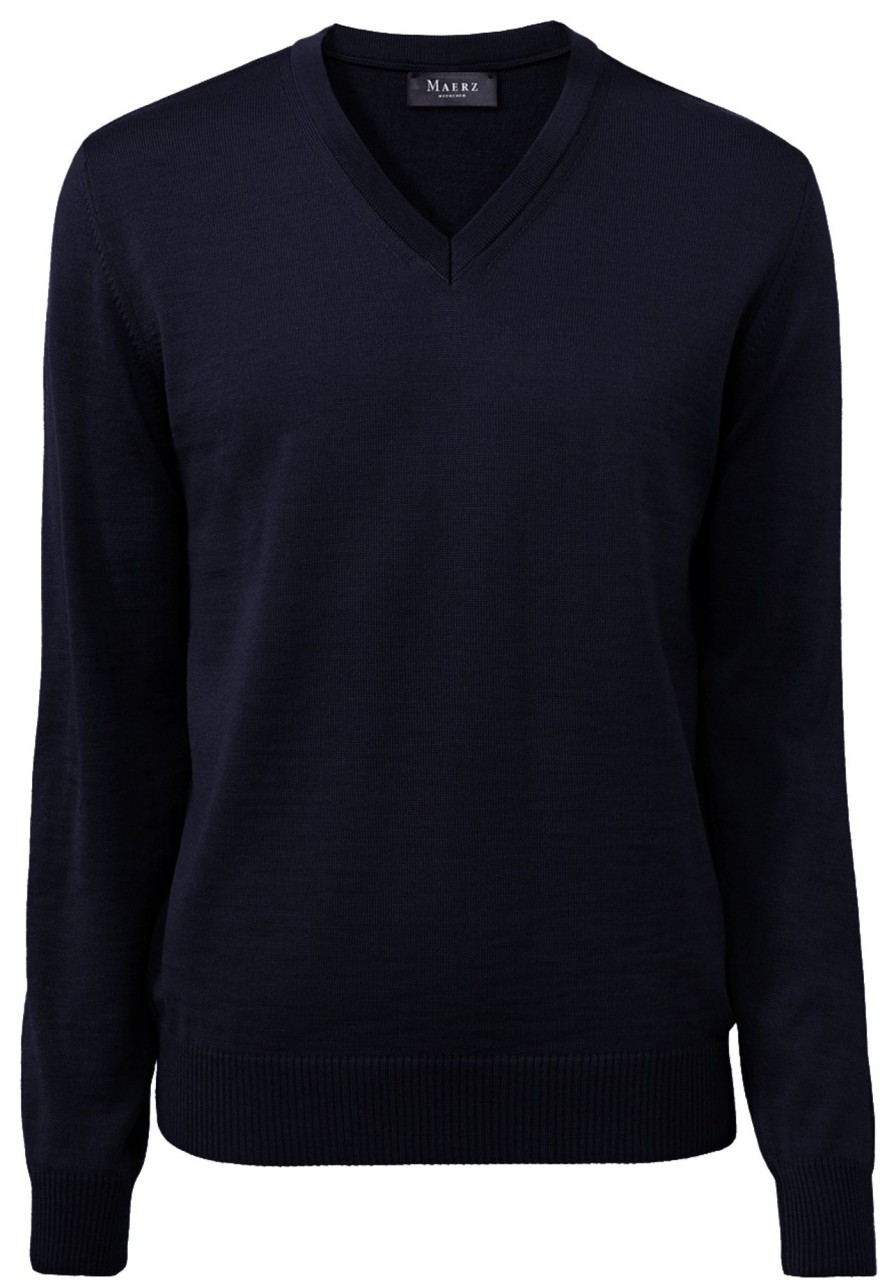 Pullover & Strick MAERZ Muenchen | Maerz Muenchen Pullover - Comfort Fit - V-Ausschnitt - Merinowolle - Navy