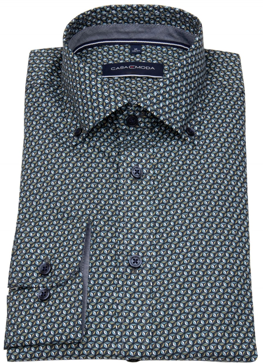 Hemden Casa Moda | Casa Moda Hemd - Casual Fit - Button Down - Print - Aqua - Extra Langer Arm 72Cm