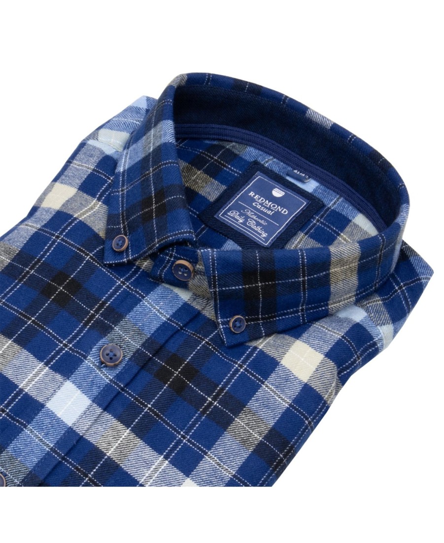 Hemden Redmond | Redmond Hemd - Regular Fit - Button Down - Flanell - Kariert - Blau - Ohne Ovp