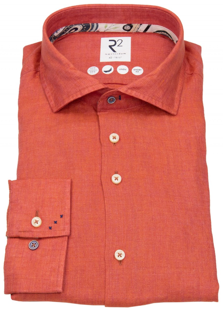 Hemden R2-Amsterdam | R2-Amsterdam Leinenhemd - Casual Fit - Haifischkragen - Orange