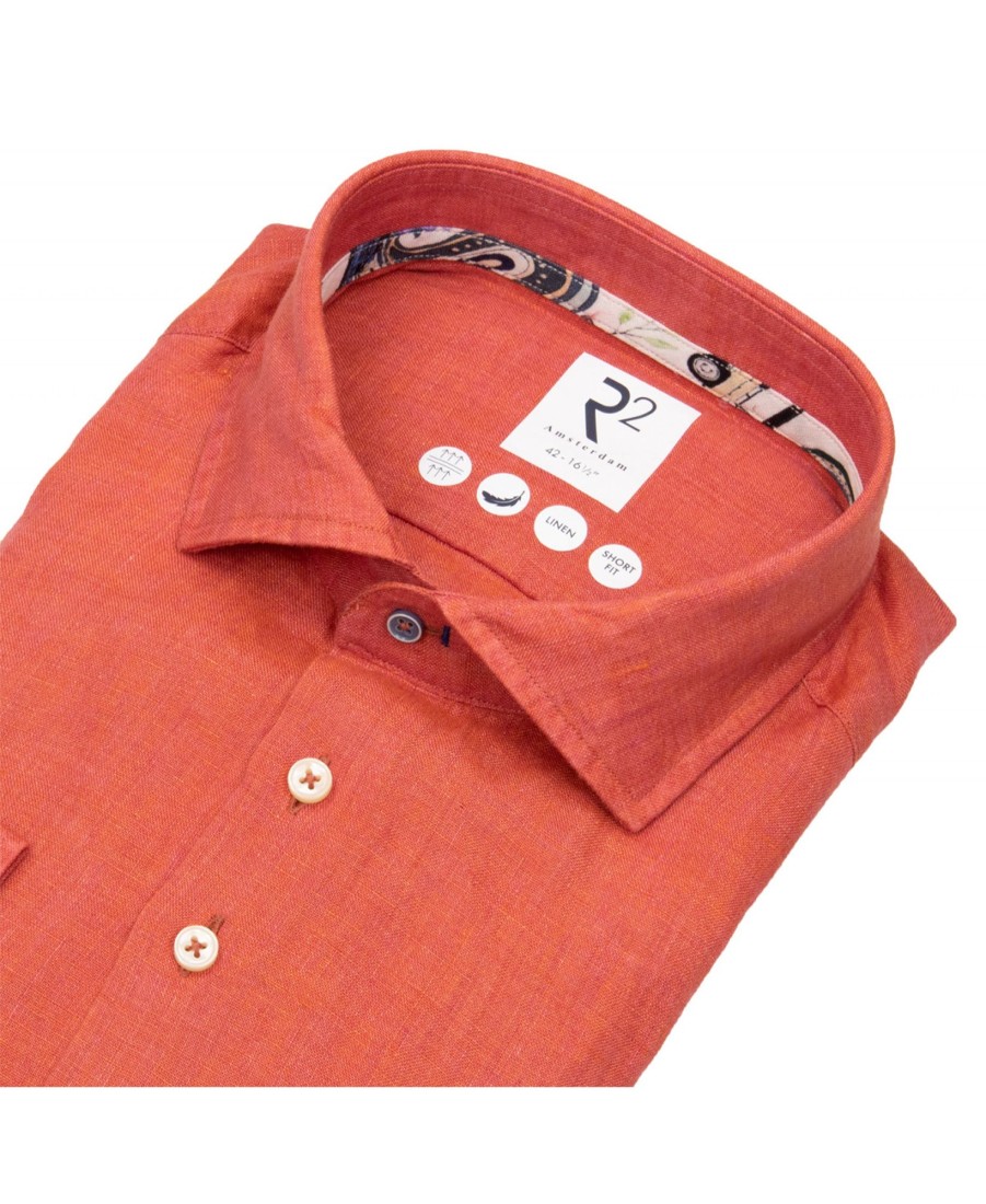 Hemden R2-Amsterdam | R2-Amsterdam Leinenhemd - Casual Fit - Haifischkragen - Orange