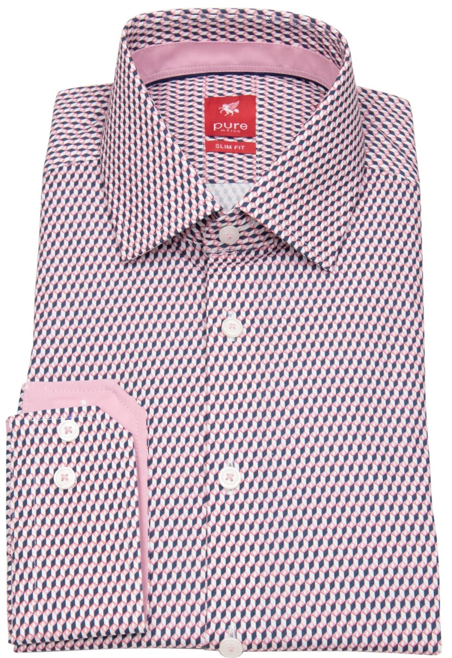 Hemden Pure | Pure Hemd - Slim Fit - Kentkragen- Print - Rosa / Weis - Ohne Ovp