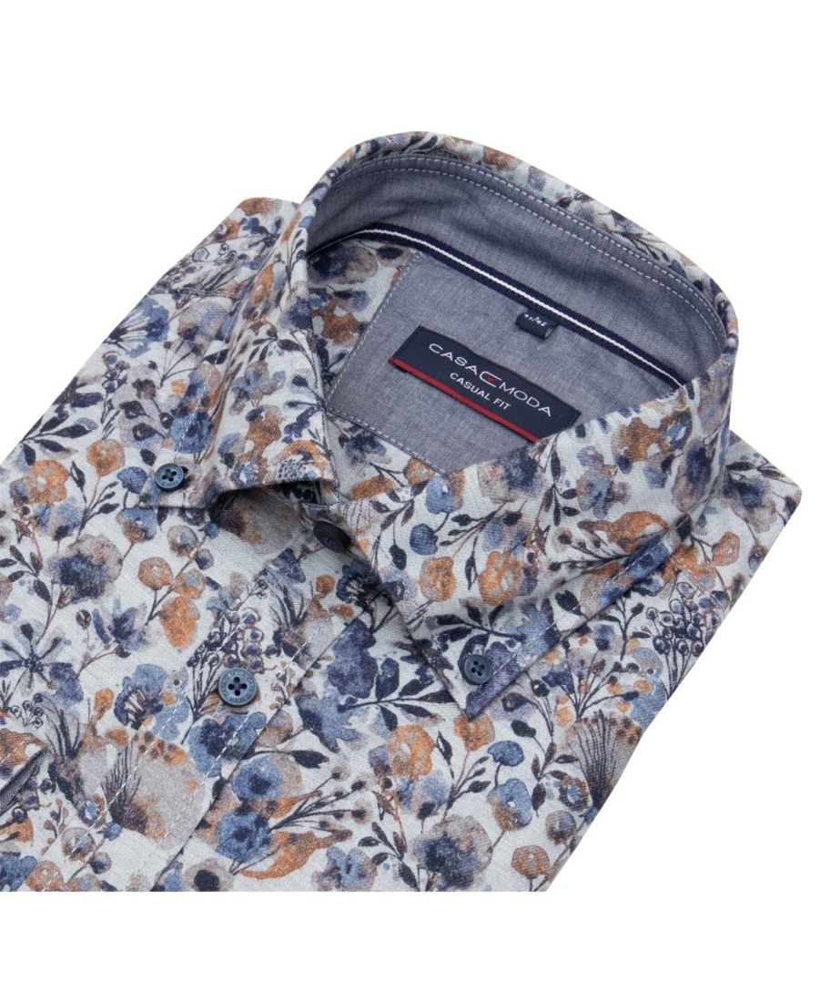 Hemden Casa Moda | Casa Moda Hemd - Casual Fit - Kentkragen - Print - Hellgrau - Extra Langer 72Cm Arm