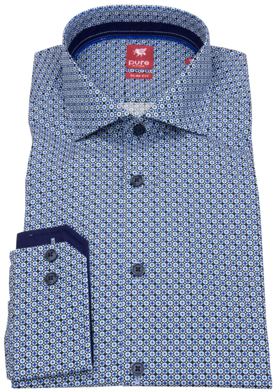 Hemden Pure | Pure Hemd - Slim Fit - Haifischkragen - Print - Blau - Ohne Ovp